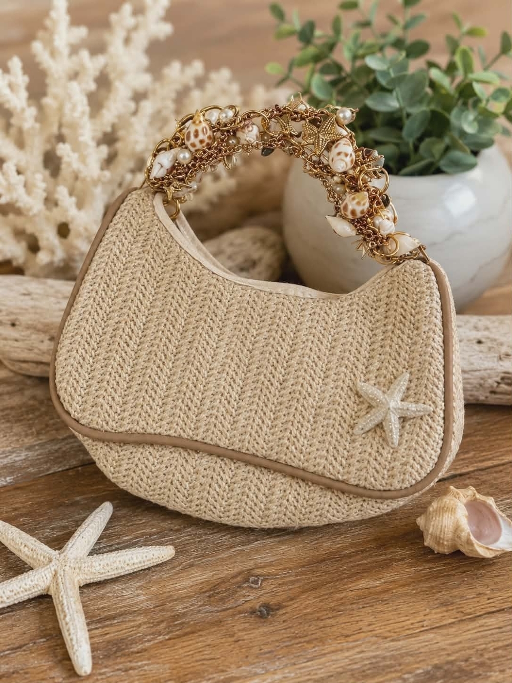 Beige Woven Raffia Shoulder Bag with Decorative Shell Handle